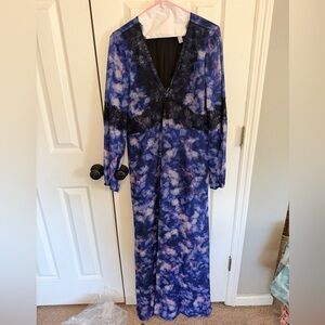 Badgley Mischka Blue and Black Lace-Trim Dress